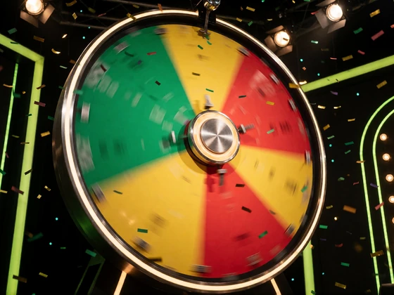 Beleuchtetes Gl&uuml;cksrad in einem Studio als Motiv f&uuml;r Game Shows und Instant Games bei Zoccer