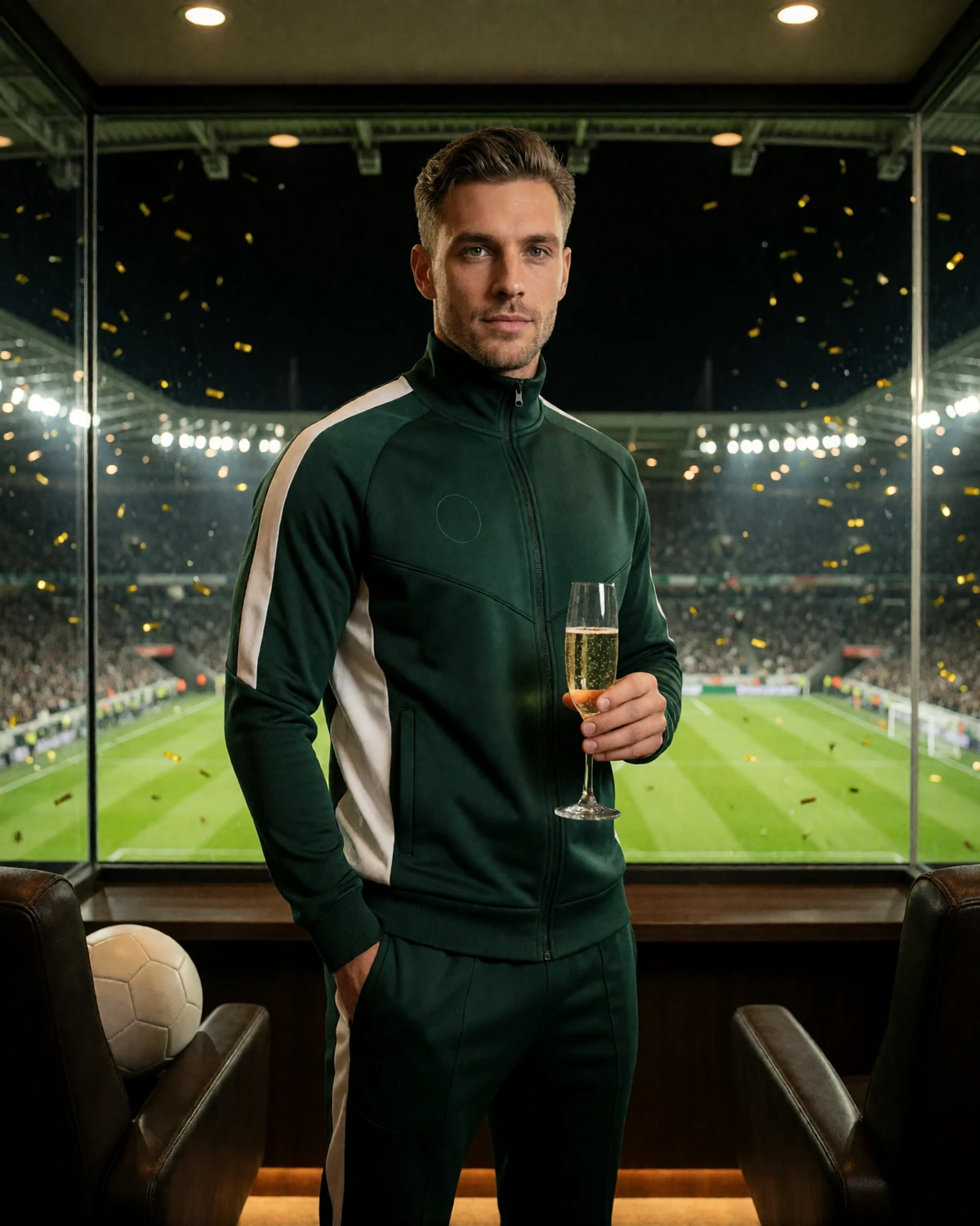 Model im dunkelgr&uuml;nen Sportanzug mit Champagnerglas in der verglasten VIP-Loge &uuml;ber dem Flutlichtstadion des Zoccer Online Casinos