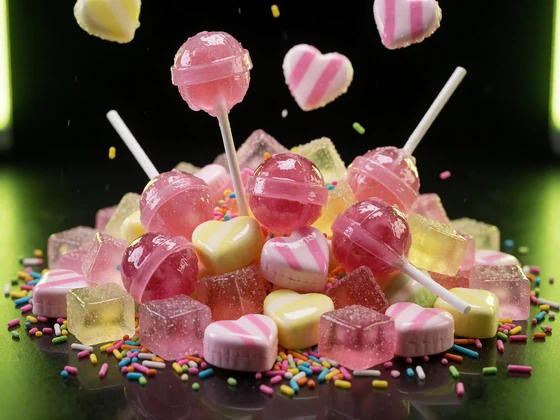 Buntes S&uuml;&szlig;igkeiten-Cluster auf schwarzem Hintergrund als Motiv f&uuml;r Cluster-Slots wie Sugar Rush 1000 im Spielekatalog von Zoccer