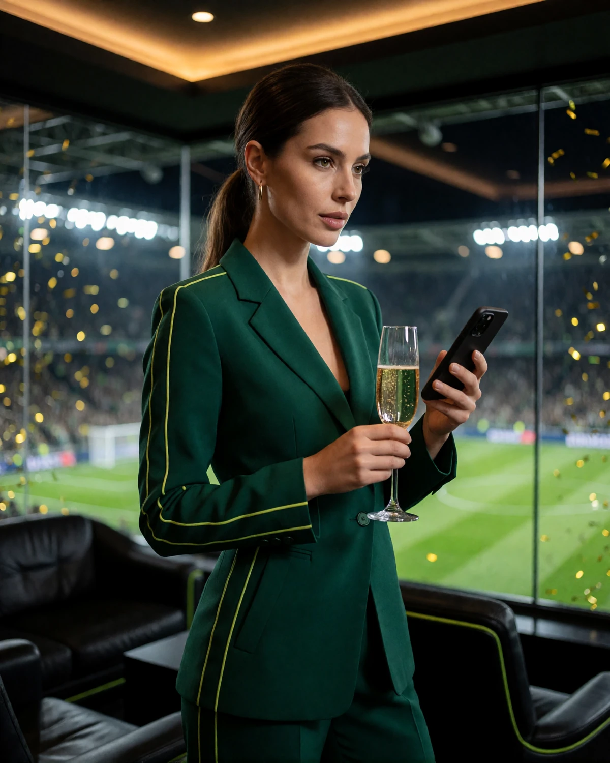 Model pr&uuml;ft in einer verglasten Stadion-VIP-Loge die Zoccer Bonusbedingungen auf dem Smartphone