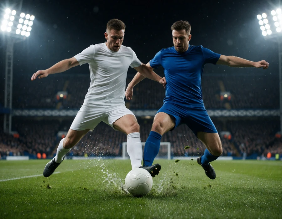 Zwei Fu&szlig;baller im Zweikampf unter Flutlicht als Motiv f&uuml;r Live-Wetten und Kombiwetten im Zoccer Sportsbook