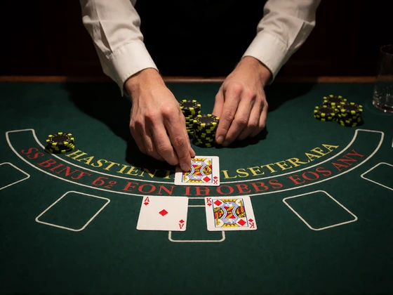 Blackjack-Tisch mit Karten und Chips und H&auml;nden des Croupiers als Motiv f&uuml;r das Live Casino bei Zoccer