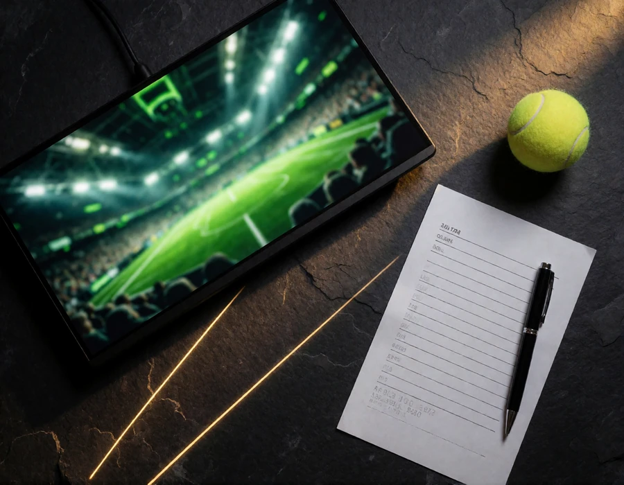 Gaming-Monitor, neutraler Wettschein und Tennisball nebeneinander als Motiv f&uuml;r Fu&szlig;ballwetten, Esports und weitere Wettm&auml;rkte im Zoccer Sportsbook