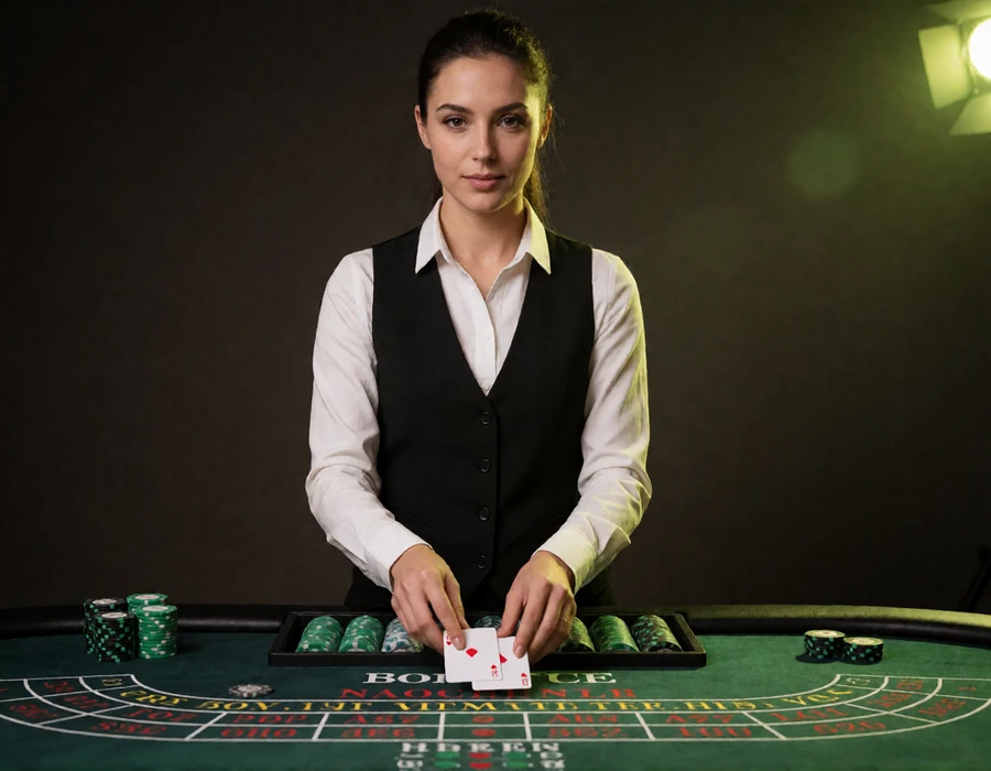 Live-Dealerin im schwarzen Gilet teilt Karten am Baccarat-Tisch aus als Motiv f&uuml;r Roulette, Blackjack und Live Casino bei Zoccer