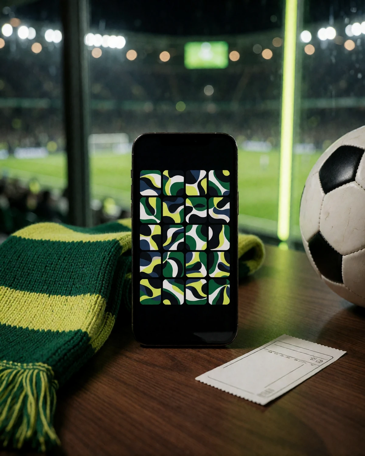Smartphone mit Spielekatalog neben Stadionticket, gr&uuml;n-limefarbenem Fanschal und Fu&szlig;ball vor Flutlichtstadion als Motiv f&uuml;r Casino Spiele und Sportwetten bei Zoccer