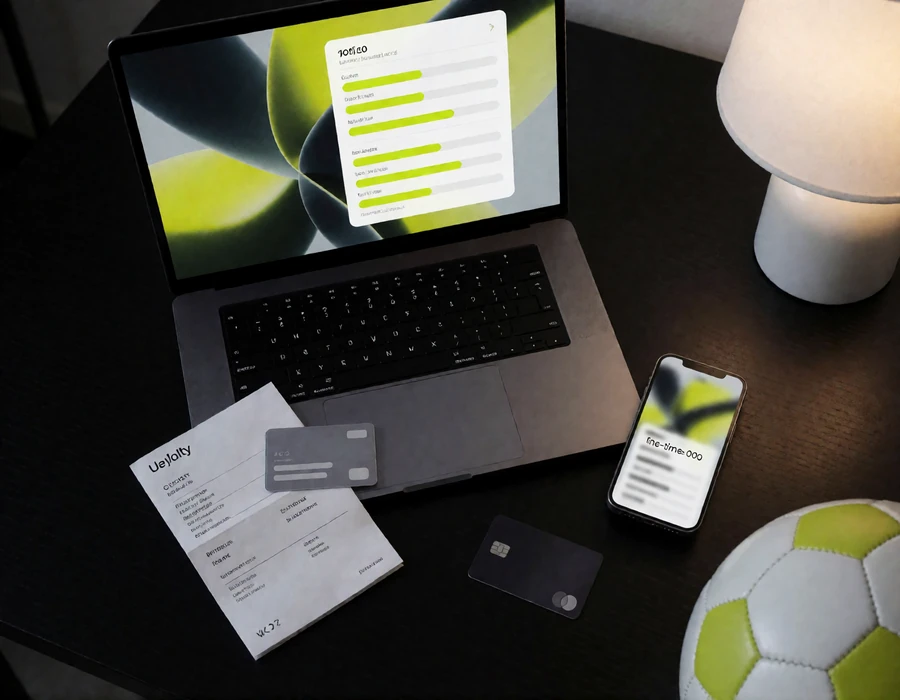 Laptop mit Dokumenten-Upload, Ausweiskarte, Bankkarte und Smartphone auf dunklem Schreibtisch - KYC-Verifizierung vor der Auszahlung bei Zoccer