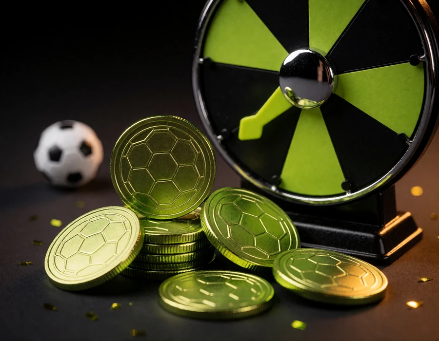 Lime-gr&uuml;ne Zoccer Coins mit Fu&szlig;ballpr&auml;gung und Gewinnrad f&uuml;r Coin Shop und Wheel of Fortune